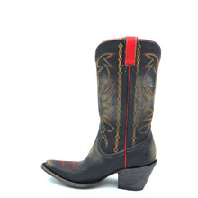 Load image into Gallery viewer, Women&#39;s handmade distressed black cowhide leather cowboy boots. Red and yellow vintage style stitch on shaft. Red pull-straps and side seams. Vintage style toe medallion. 12&quot; height. Black lining. Rounded toe. 2 3/4&quot; fashion heel. Black distressed leather sole.
