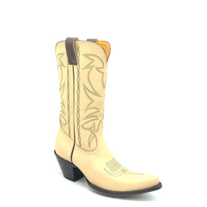 Women's handmade bone color cowhide leather cowboy boots. Chocolate stitch on tube and vamp. Chocolate leather pull-straps. Vintage style toe medallion. 12" height. Tan leather lining. Snip toe. 2 3/4" fashion heel. Teak leather sole.