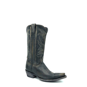 Women's Distressed Black Cowboy Boots with Fancy Bone Stitch on Shaft Bone Stitch Classic Vintage Toe Medallion 12" Height Snip Toe 1 1/2" Heel Distressed Black Sole
