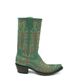 Women's Green Fashion Cowboy Boots Fancy Red and Yellow Stitch Pattern on Vamp Heel Counter and Shaft 11" Height Snip Toe 3" Fashion High Heel Teak Sole
