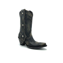 Load image into Gallery viewer, Women&#39;s Distressed Black Cowboy Boots with Silver Studs on Crown Collar and Star Studded Mule Ear Pull-Straps Black Stitched Classic Toe Medallion 11&quot; Height Snip Toe 3&quot; Fashion High Heel Distressed Black Leather Sole
