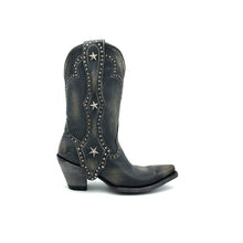 Load image into Gallery viewer, Women&#39;s Distressed Black Cowboy Boots with Silver Studs on Crown Collar and Star Studded Mule Ear Pull-Straps Black Stitched Classic Toe Medallion 11&quot; Height Snip Toe 3&quot; Fashion High Heel Distressed Black Leather Sole
