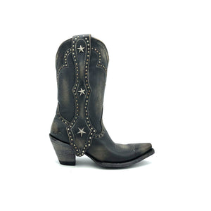 Women's Distressed Black Cowboy Boots with Silver Studs on Crown Collar and Star Studded Mule Ear Pull-Straps Black Stitched Classic Toe Medallion 11" Height Snip Toe 3" Fashion High Heel Distressed Black Leather Sole