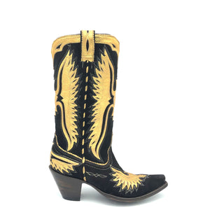 Women's handmade black suede and metallic gold cowhide leather cowboy boots. Gold metallic eagle inlays on vamp, tube and heel counter. 13" height. Black lining. Snip toe. 3" fashion high heel. Teak leather sole.