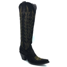 Load image into Gallery viewer, Women&#39;s handmade black suede cowhide leather cowboy boots. Metallic gold flame stitch on shaft. Traditional western toe medallion. Black lining. 18&quot; height. Pointed toe. 3&quot; fashion high heel. Black leather sole.
