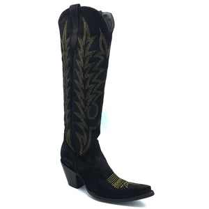 Women's handmade black suede cowhide leather cowboy boots. Metallic gold flame stitch on shaft. Traditional western toe medallion. Black lining. 18" height. Pointed toe. 3" fashion high heel. Black leather sole.