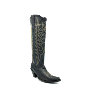 Women's Extra Tall Black Cowboy Boots with Fancy Gold Flame Stitch on Shaft Classic Western Gold Stitch Toe Medallion 18" Height Snip Toe 3" Fashion High Heel Black Sole