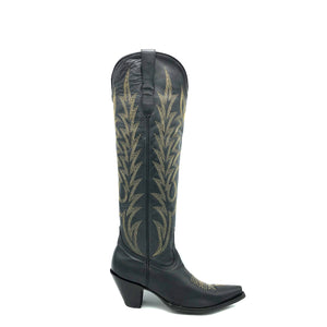 Women's Extra Tall Black Cowboy Boots with Fancy Gold Flame Stitch on Shaft Classic Western Gold Stitch Toe Medallion 18" Height Snip Toe 3" Fashion High Heel Black Sole