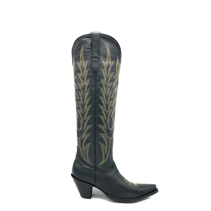 Women's Extra Tall Black Cowboy Boots with Fancy Gold Flame Stitch on Shaft Classic Western Gold Stitch Toe Medallion 18