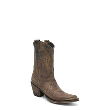 Load image into Gallery viewer, Women&#39;s Short Brown Cowboy Boots Brown Flame Stitch on Vamp with Brown Stitch Classic Toe Medallion Brown Fancy Western Stitch Pattern on Shaft Antique Metal Toe Rand 10&quot; Height Pointy Round Toe 3&quot; Fashion High Heel Teak Sole 
