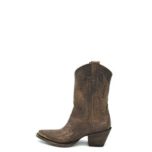 Load image into Gallery viewer, Women&#39;s Short Brown Cowboy Boots Brown Flame Stitch on Vamp with Brown Stitch Classic Toe Medallion Brown Fancy Western Stitch Pattern on Shaft Antique Metal Toe Rand 10&quot; Height Pointy Round Toe 3&quot; Fashion High Heel Teak Sole 
