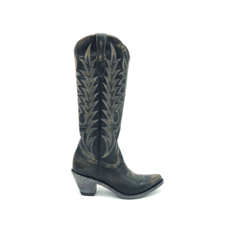 Women's Distressed Black Tall Cowboy Boots Classic Western Toe Medallion Fancy Heavy Tan Stitching on Shaft 16