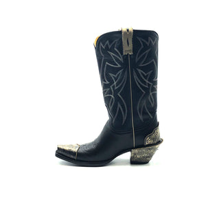 Women's Black Cowboy Boots with Bone Piping Pull-Straps and Stitching Classic Western Toe Medallion Engraved Metal Toe Heel Counter and Heel 12" Height Snip Toe 2 1/2" Fashion High Heel Black Sole