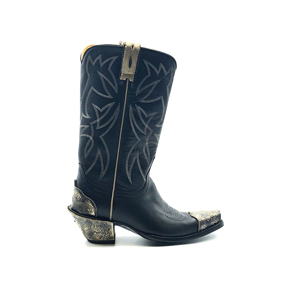 Women's Black Cowboy Boots with Bone Piping Pull-Straps and Stitching Classic Western Toe Medallion Engraved Metal Toe Heel Counter and Heel 12