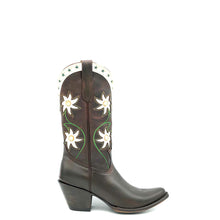 Load image into Gallery viewer, Women&#39;s chocolate oiled cowhide leather cowboy boots. 1960&#39;s vintage inspired design with green and tan stitching and white floral inlays on the shaft. White collar with green star inlays. Round toe with a classic western toe medallion and a 3&quot; fashion heel.
