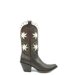 Women's chocolate oiled cowhide leather cowboy boots. 1960's vintage inspired design with green and tan stitching and white floral inlays on the shaft. White collar with green star inlays. Round toe with a classic western toe medallion and a 3" fashion heel.