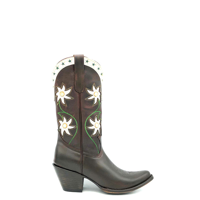Women's chocolate oiled cowhide leather cowboy boots. 1960's vintage inspired design with green and tan stitching and white floral inlays on the shaft. White collar with green star inlays. Round toe with a classic western toe medallion and a 3