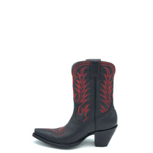 Load image into Gallery viewer, Women&#39;s handmade black cowhide leather cowboy boots. Red flame stitch on shaft. Vintage style crown. Traditional western toe medallion. Black lining. 9&quot; height. Snip toe. 3&quot; fashion heel. Black leather sole.
