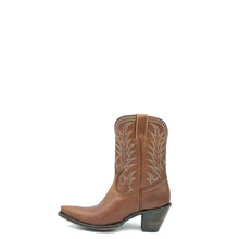 Load image into Gallery viewer, Women&#39;s handmade short honey brown cowboy boots with tan and blue flame stitch on shaft. Blue stitch traditional western toe medallion. Vintage style crown, 3&quot; high fashion heel, snip toe and brown leather sole.

