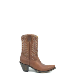 Women's handmade short honey brown cowboy boots with tan and blue flame stitch on shaft. Blue stitch traditional western toe medallion. Vintage style crown, 3" high fashion heel, snip toe and brown leather sole.