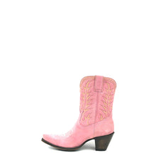 Load image into Gallery viewer, Women&#39;s handmade short pink suede cowboy boots with red and yellow flame stitch on shaft. Red stitch traditional western toe medallion. Vintage style crown, 3&quot; high fashion heel, snip toe and brown leather sole.

