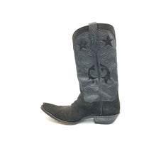 Load image into Gallery viewer, Authentic custom men&#39;s cowboy boots. Black suede cowhide leather on vamp with traditional western toe medallion. Black handtooled cowhide leather on top with suede inlays and collar. Handtooled black cowhide leather pull-straps with sterling silver stars. Black lining. 13&quot; height. 1 1/4&quot; heel. Snip toe. Black sole. These JB Hill cowboy boots were handmade in El Paso, Texas. Proudly made in the USA.
