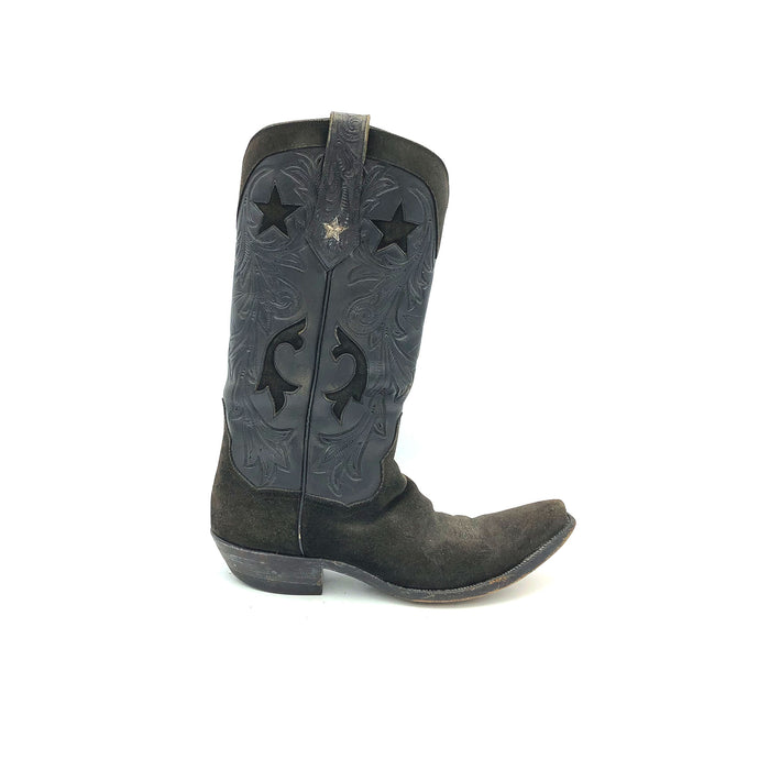 Authentic custom men's cowboy boots. Black suede cowhide leather on vamp with traditional western toe medallion. Black handtooled cowhide leather on top with suede inlays and collar. Handtooled black cowhide leather pull-straps with sterling silver stars. Black lining. 13