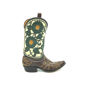 Authentic custom men's cowboy boots. Brown cowhide leather on vamp with tan flame stitch. Light beige tops with forest green floral overlays with mustard yellow stitch. Chocolate brown braided collar. Light beige braided backseam. Inside chocolate brown leather pull-straps. 12" height. 1 1/4" heel. Snip toe. Brown leather sole. These Liberty cowboy boots were handmade in Mexico.