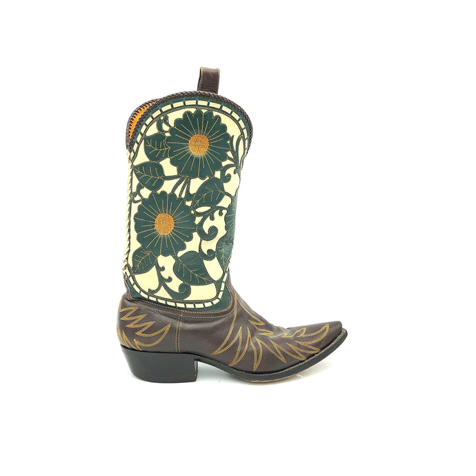 Authentic custom men's cowboy boots. Brown cowhide leather on vamp with tan flame stitch. Light beige tops with forest green floral overlays with mustard yellow stitch. Chocolate brown braided collar. Light beige braided backseam. Inside chocolate brown leather pull-straps. 12