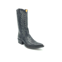 Load image into Gallery viewer, Authentic custom women&#39;s cowboy boots from the 1960&#39;s. Black cowhide leather with white stitch. Traditional western toe medallion. 12&quot; height. 1 1/2&quot; heel. Pointed toe. Black leather sole. These one-of-a-kind unworn Nocona cowboy boots were handmade in Nocona, Texas. Proudly made in the USA.
