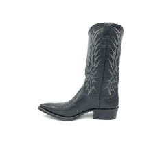 Load image into Gallery viewer, Authentic custom women&#39;s cowboy boots from the 1960&#39;s. Black cowhide leather with white stitch. Traditional western toe medallion. 12&quot; height. 1 1/2&quot; heel. Pointed toe. Black leather sole. These one-of-a-kind unworn Nocona cowboy boots were handmade in Nocona, Texas. Proudly made in the USA.
