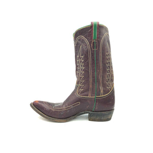 Men's handmade Tony Lama vintage cowboy boots. Burgundy cowhide leather with tan and green stitching and green piping and pull-straps. 12" height. 1 1/4" heel. Brown sole.
