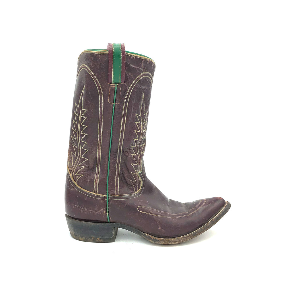 Men's handmade Tony Lama vintage cowboy boots. Burgundy cowhide leather with tan and green stitching and green piping and pull-straps. 12